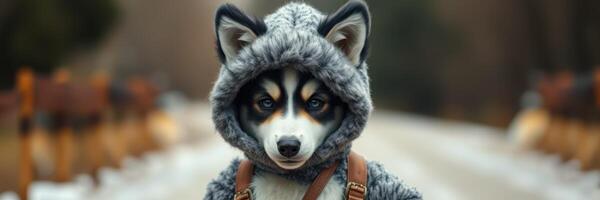 Dog in a furry hoodie poses on a snowy road surrounded by trees during winter photo
