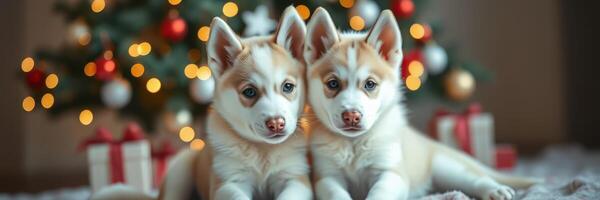 Cute puppies posing together in front of a decorated Christmas tree with warm lights and presents photo