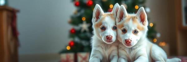 Puppies cuddle together in front of a decorated Christmas tree during a festive holiday celebration photo