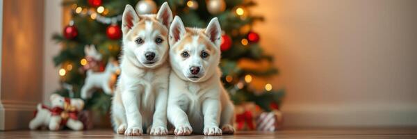 Two fluffy husky puppies sitting together in front of a decorated Christmas tree with colorful ornaments and lights photo