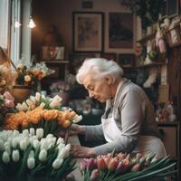 A woman is working in a flower shop, arranging flowers in a vase photo