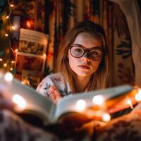 A girl is reading a book in bed with lights on photo