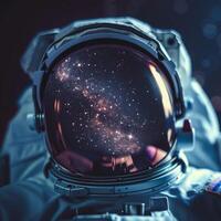 A man in a space suit with a view of the stars through his helmet photo