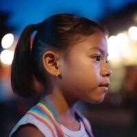 A young girl with a ponytail and earrings is looking at the camera photo