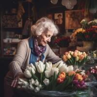 A woman is looking at a bunch of flowers in a shop photo