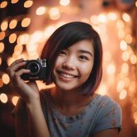 A woman is holding a camera and smiling photo