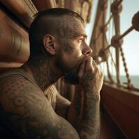 A man with tattoos on his arms and face is looking out the window photo