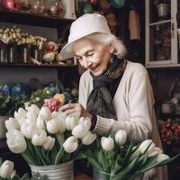 A woman is sitting at a table with a vase of white flowers in front of her photo