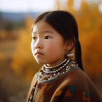 A young girl wearing a colorful scarf and a necklace with a silver bead on it photo