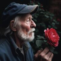 A man with a blue hat and gray hair holding a red rose photo
