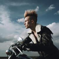 A man with a shaved head and a shaved beard is riding a motorcycle photo