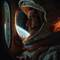 A man in a space suit looking out the window of a spacecraft photo