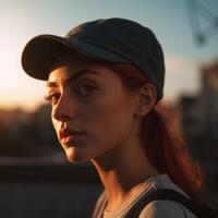 A woman with red hair and a blue hat is standing in front of a building photo
