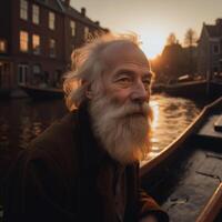 A man with a long beard sits in a boat on a river photo