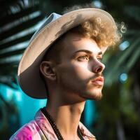 A man with a white hat and a beard is standing in front of a green plant photo