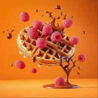 Delicious waffle with fresh raspberries and chocolate sauce splash photo