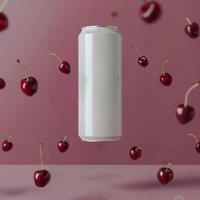 Floating can with cherries in a pink backdrop photo