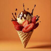 Delicious ice cream cone topped with chocolate and fresh strawberries photo