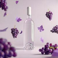 Transparent bottle surrounded by fresh grapes photo