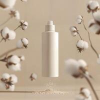 Minimalist product bottle surrounded by cotton flowers photo