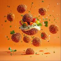 Floating savory snacks with colorful toppings photo