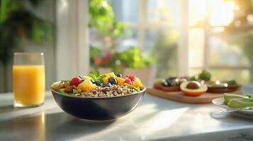 Healthy breakfast bowl with fruits and nuts photo