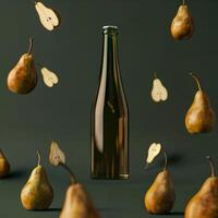 Elegant glass bottle surrounded by fresh pears photo