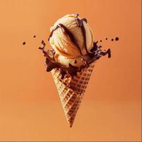 Delicious ice cream cone with chocolate drizzle photo