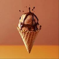 Delicious chocolate-drizzled ice cream cone photo