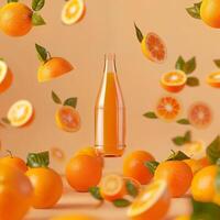 Vibrant orange fruit and juice bottle arrangement photo