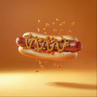 Delicious hot dog with mustard and toppings against vibrant orange background photo