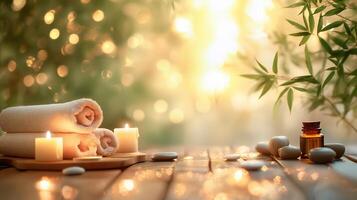 Serene spa setup with candles and towels photo