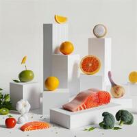 Vibrant arrangement of fresh fruits and fish photo