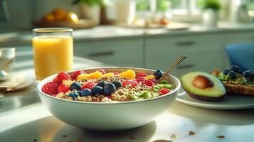 Healthy breakfast bowl with fresh fruits and granola photo