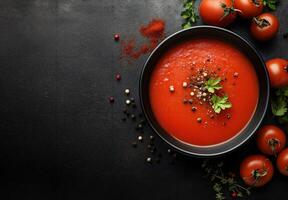 Rich red tomato soup garnished with spices and fresh herbs photo