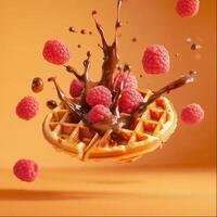 Waffle with Raspberries and Chocolate photo