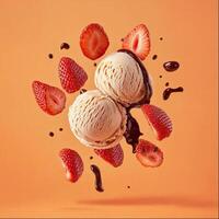 Delicious Ice Cream with Strawberries and Chocolate Sauce photo