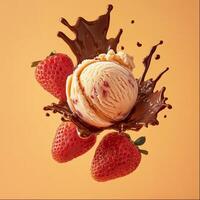 Delicious ice cream splash with strawberries and chocolate photo