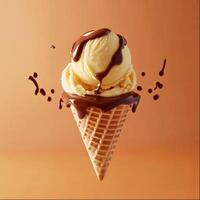 Delicious ice cream cone topped with rich chocolate sauce photo