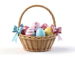 Basket of Easter eggs with pink, blue, and yellow eggs photo