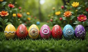 Easter eggs with patterns stand on the grass and with flowers photo