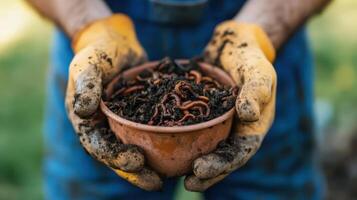 Close-up of hands presenting wooden bowl full of compost worms, essential for soil health and recycling photo
