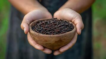 Close-up of hands presenting wooden bowl full of earthworms, essential for composting and soil health photo