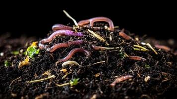 A heap of red worms on nutrient-rich compost, decomposing organic matter in natural surroundings photo