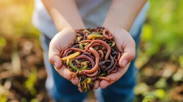 A person holding bright composting worms in their hands, essential for sustainable gardening. photo