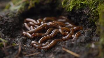 Earthworms burrowing through moist soil, enhancing soil fertility and decomposition process photo