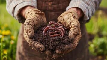 Close-up of farmer's hands wearing dirt-covered gloves, holding composting worms for soil health. photo