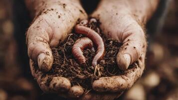 Close-up of hands holding fresh earthworms in moist soil, essential for healthy gardening. photo