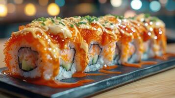 Sushi rolls topped with sauce on black plate in restaurant ambiance photo