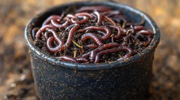 Close-up of bucket filled with healthy composting worms used for organic farming and soil enrichment. photo